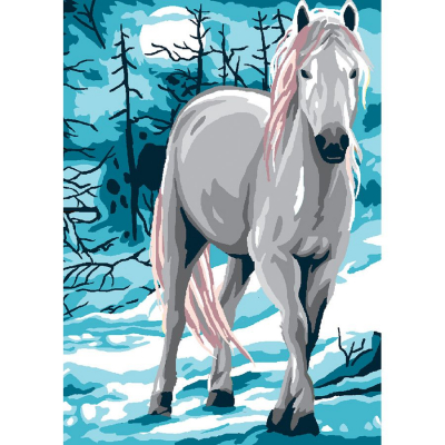 Kit Canevas Pénélope motif Snow de la marque Luc Créations illustrant un cheval blanc dans un paysage enneigé