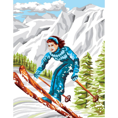Kit Canevas Pénélope motif Sport d'hiver de la marque Luc Créations illustrant une skieuse 