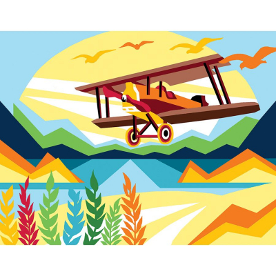 Kit Canevas Pénélope motif Vol au dessus du lac de la marque Luc Créations illustrant un avion coloré 