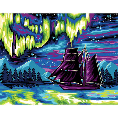 Canevas Pénélope Voyage fantastique de la marque Luc Créations illustrant un paysage nocturne avec un voilier sur un fleuve, entouré de montagne