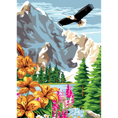 Kit Canevas Pénélope motif Vue sur le lac de la marque Luc Créations illustrant un paysage de montagne