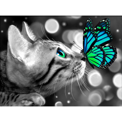 Tableau en Broderie diamant motif Chat bengal et papillon de la marque Diamond Painting illustrant un chat gris jouant avec un papillon bleu turquoise, découvrez ce tableau strass très modèrne 