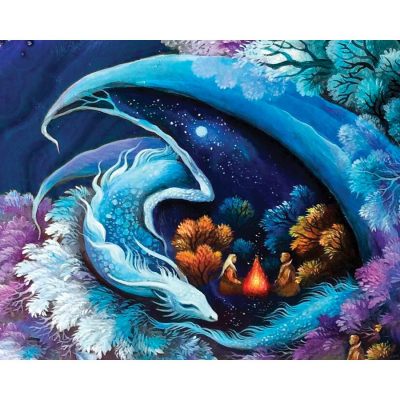 Tableau en Broderie diamant motif Gardien dragon de la marque Wizardi illustrant un gragon au fond de la mer et un couple dans un coquillege autour d'un feu