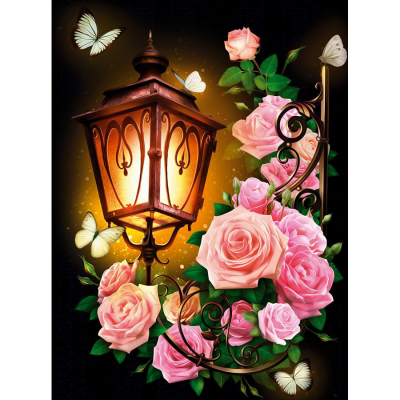 Tableau en Broderie diamant motif Lanterne et roses de la marque Diamond Painting illustrant des roses accrochées à un lampadaire allumé