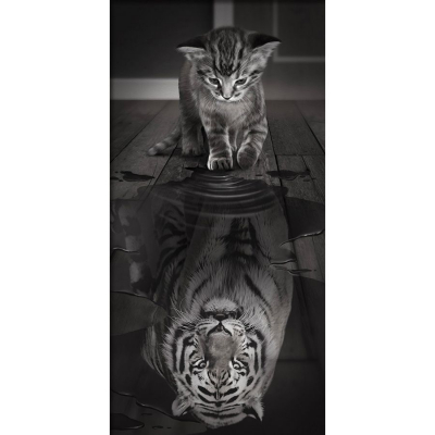 Tableau en Broderie diamant motif Reflet du tigre de la marque Diamond Painting illustrant un chat regardant son reflet imaginaire