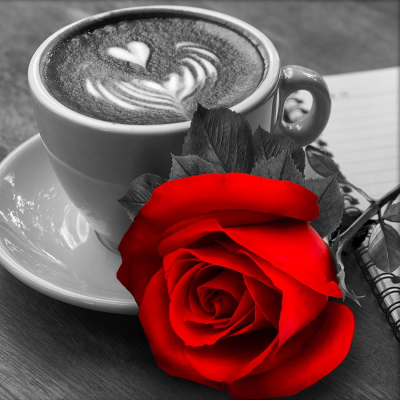 Tableau en Broderie diamant motif Rose et café de la marque Diamond Painting illustrant une rose rouge avec une tasse de café