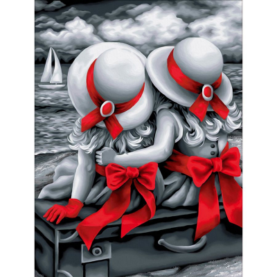 Tableau en Broderie diamant motif Soeurs de la marque Diamond Painting illustrant une vu de dos de deux fillettes assises à la plage et regardant la mer 