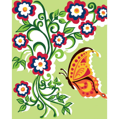 Tableau canevas pour enfant motif Fleurs et papillon de la marque Luc Créations à réaliser au demi-point de croix sur une toile peinte à petit trous