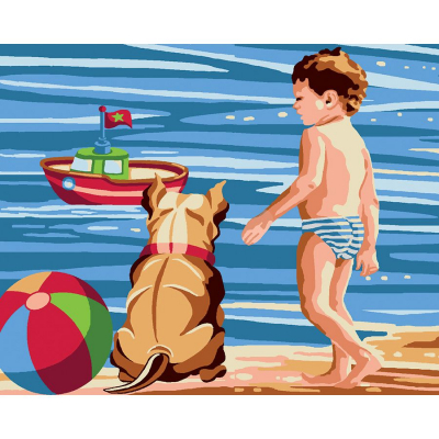 Tableau canevas pour enfant motif Jeu sur la plage de la marque Luc Créations à réaliser au demi-point de croix sur une toile peinte à petit trous