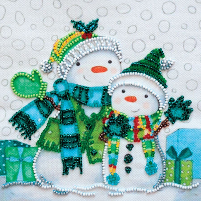 Kit de broderie avec perles motif Amis de la neige de la marque Abris Art, tableau esprit de noël à broder avec des perles, motif deux bonhommes de neige
