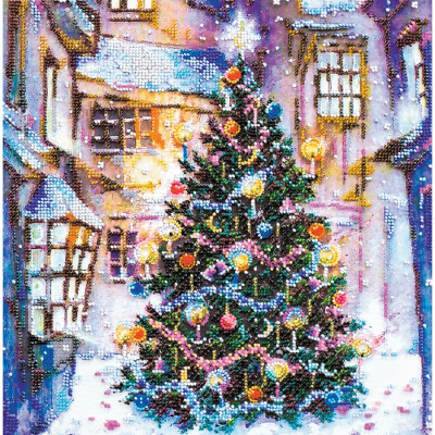 Kit de broderie avec perles motif Noël sous les fenêtres de la marque Abris Art, modèle répresentant un sapin de noël sous la neige, tableau à créer avec des perles