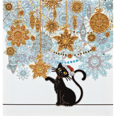 Kit de broderie avec perles motif Nuit de fêtes de la marque Abris Art, tableau de noël à broder avec des perles, avec un motif d'un chat noir et des guirlandes