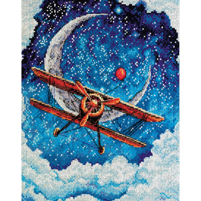 Kit à broder au point de croix motif Au-dessus des nuages de la marque Abris Art, ce tableau à broder illustre un avion à hélice en vol