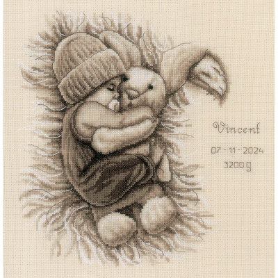 Tableau de naissance à broder au point de croix point compté motif Bébé avec lapin peluche de la marque Vervaco