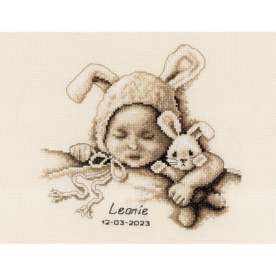Tableau de naissance à broder au point de croix point compté motif Bébé et lapin câlin de la marque Vervaco