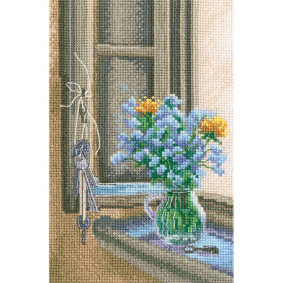 Kit à broder au point de croix motif Bouquet de fleurs bleues de la marque RTO, tableau de bouquet de fleur à la fenêtre
