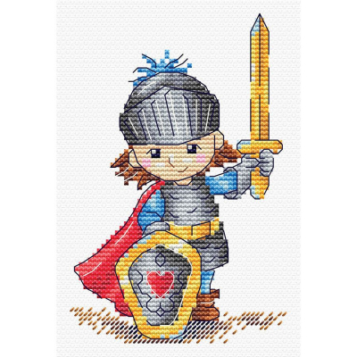 Tableau à broder au point de croix Chevalier de la marque MP Studia illustrant un enfant tenant une épée et déguisé en chevalier