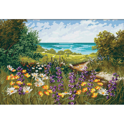 Kit à broder au point de croix motif Fleurs du chemin côtier de la marque Abris Art, ce tableau à broder illustre un paysage floral avec un chemin menant vers la mer