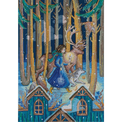 Kit à broder au point de croix motif La bougie et la clef de la marque RTO, tableau à broder présentant une femme tenant une bougie et traversant les bois accompagnée d'animaux