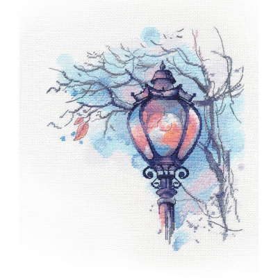 Tableau à broder au point de croix motif Lanterne d'Automne de la marque Oven illustrant un arbre sans feuille et une laterne allumée
