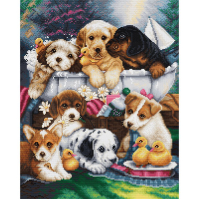 Kit à broder au point de croix motif Le bain des chiots de la marque Luca-S illustrant un tableau à broder de plusieurs chiens, labradoor, dalmatien, berger