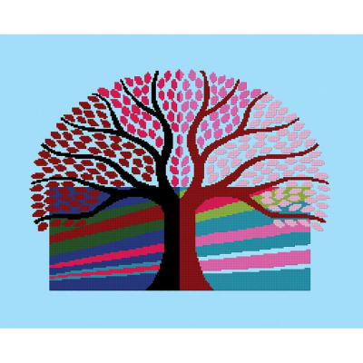 Kit à broder au point de croix motif Le jour et la nuit de la marque Luc Créations, répresentant un arbre coloré 