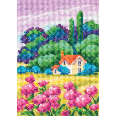 Kit à broder au point de croix motif Maison de campagne de la marque RTO, tableau à broder présentant un magnifique paysage de campagne, une maison et un champ de fleurs