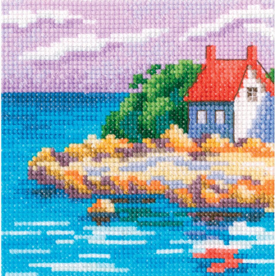 Kit à broder au point de croix motif Maison en bord de mer de la marque RTO, tableau à broder présentant un magnifique paysage d'été