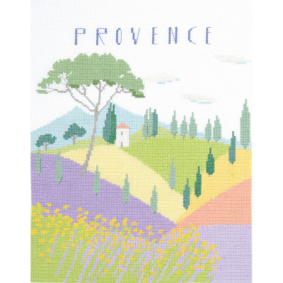 Tableau à broder au point de croix point compté motif Provence de la marque DMC illustrant un paysage régional avec un champ de lavande et de tournesol
