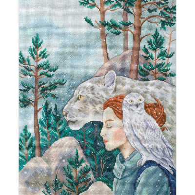 Kit à broder au point de croix motif Trois d'entre nous de la marque RTO, tableau à broder présentant une chouette, une femme et un ligre ou tigre dans les montagnes
