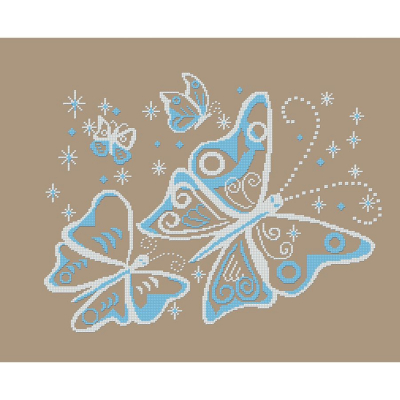 Kit à broder au point de croix motif Virtuel de la marque Luc Créations, tableau illustrant des papillons bleus 