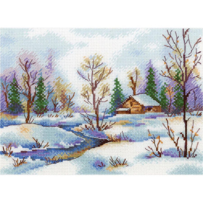 Kit à broder au point de croix motif Fin de l'hiver de la marque MP Studia, tableau d'un paysage d'hiver enneigé à broder au point de croix