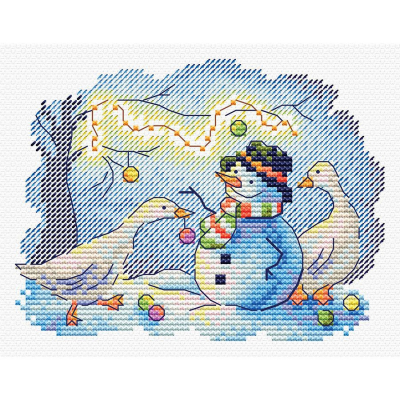Kit à broder au point de croix motif Plaisir de la neige de la marque MP Studia, tableau à broder présentant un bonhomme de neige et deux oies