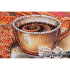 Kit de broderie avec perles motif Parfum de voyage de la marque Abris Art, différents monuments à broder avec des perles, en premier plan une tasse de café