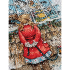 Tableau à broder au point de croix Rêves chéris de la marque Andriana illustrant une fille à la robe rouge tenant en laisse son chien, devant une boutique de jouets 